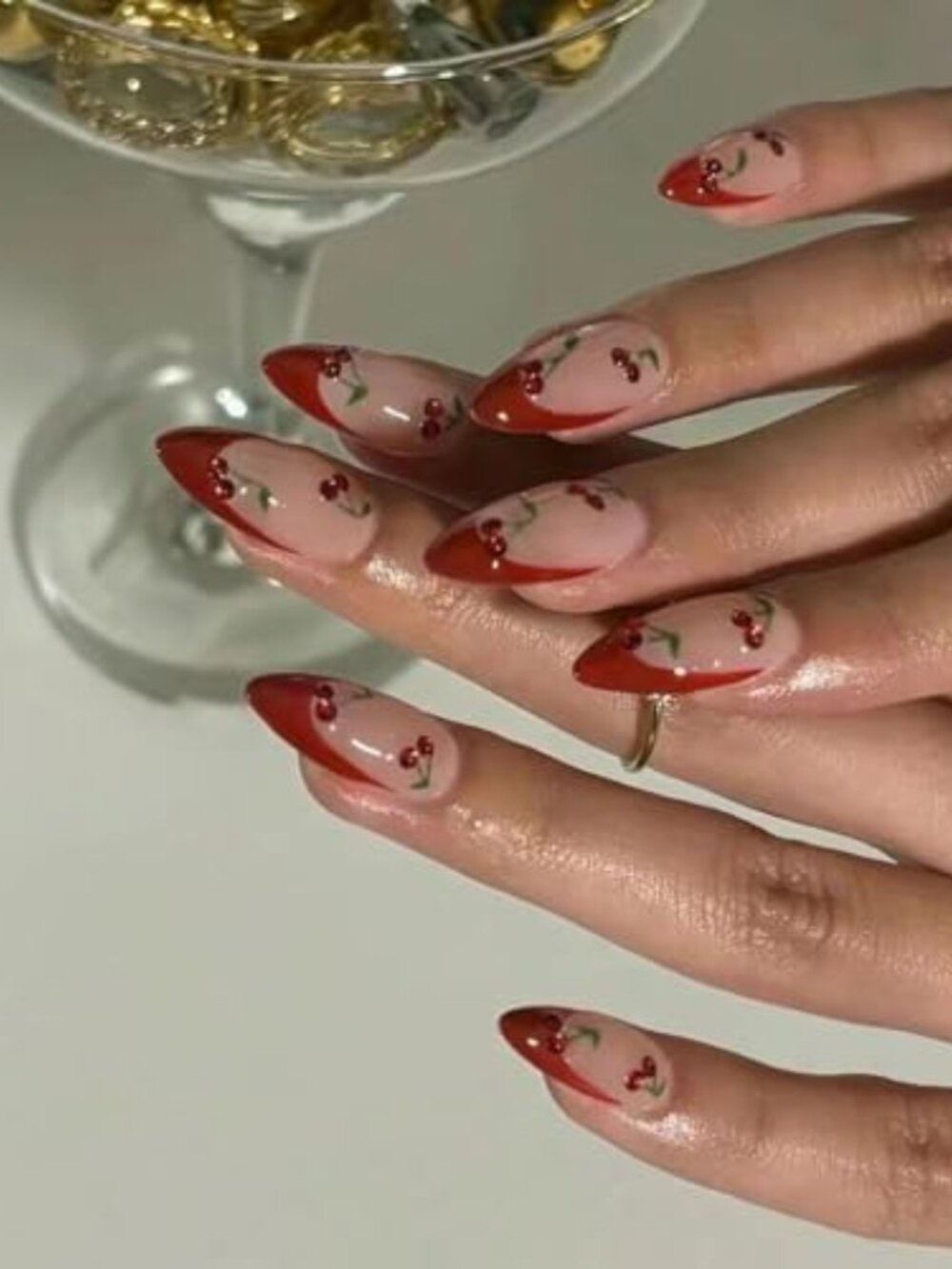 Press on Nails Medium Almond French Tip Fake Nails Red Full Cover Cherry - Picture 2 of 2